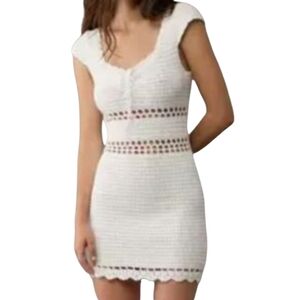 American Eagle White Crochet Lace-Up Mini Dress Size Large